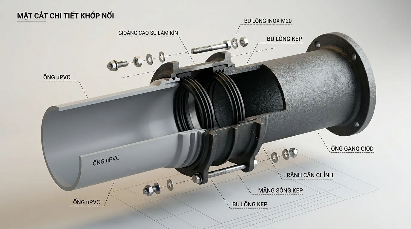 Ảnh minh hoạ: Cấu tạo ống uPVC nối ống gang CIOD