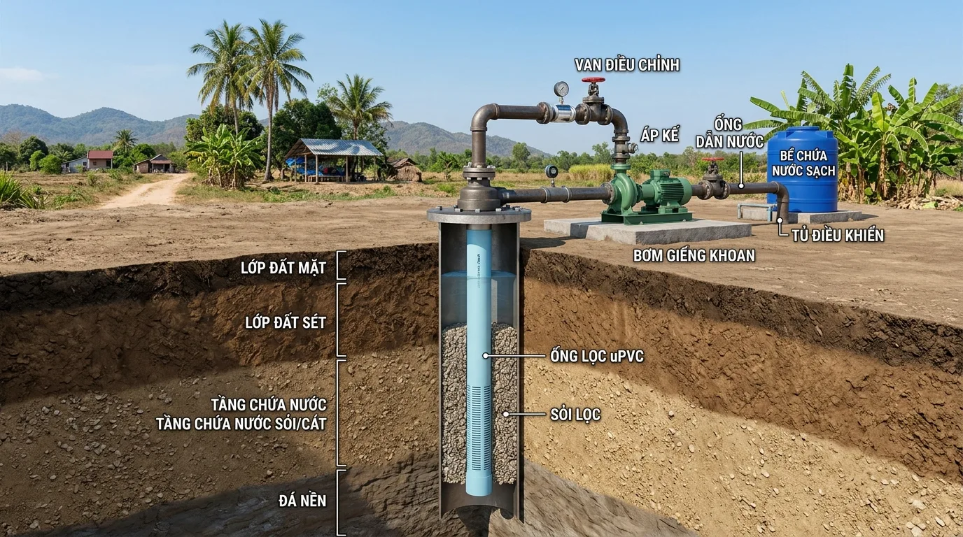 Ảnh minh hoạ: Hệ thống giếng khoan sử dụng ống lọc uPVC