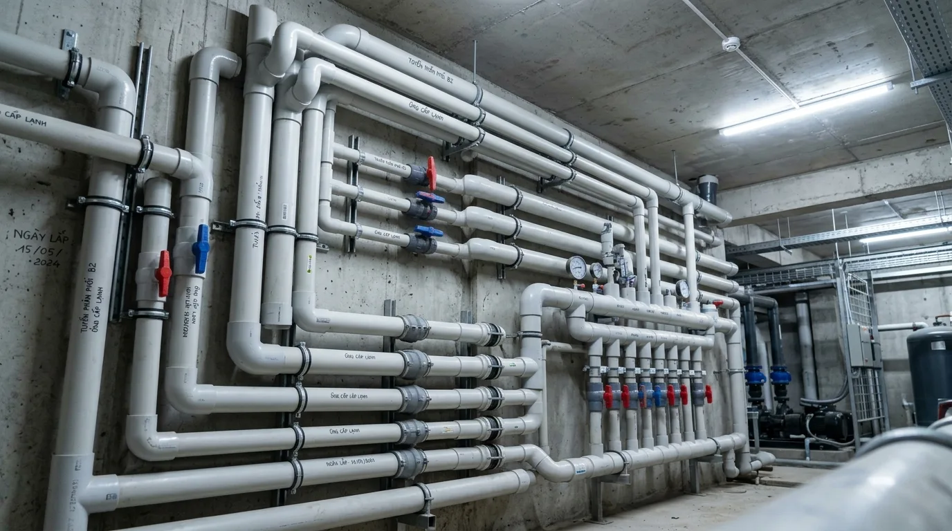 Ảnh minh hoạ: Hệ thống ống PVC 90mm lắp đặt trong công trình cấp nước