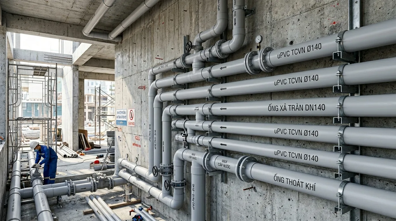 Ảnh minh hoạ: Hệ thống ống uPVC φ140 trong công trình cấp nước