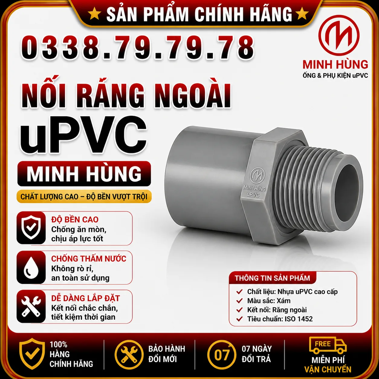Nối răng ngoài uPVC Minh Hùng – Phụ kiện ren ngoài bền chắc