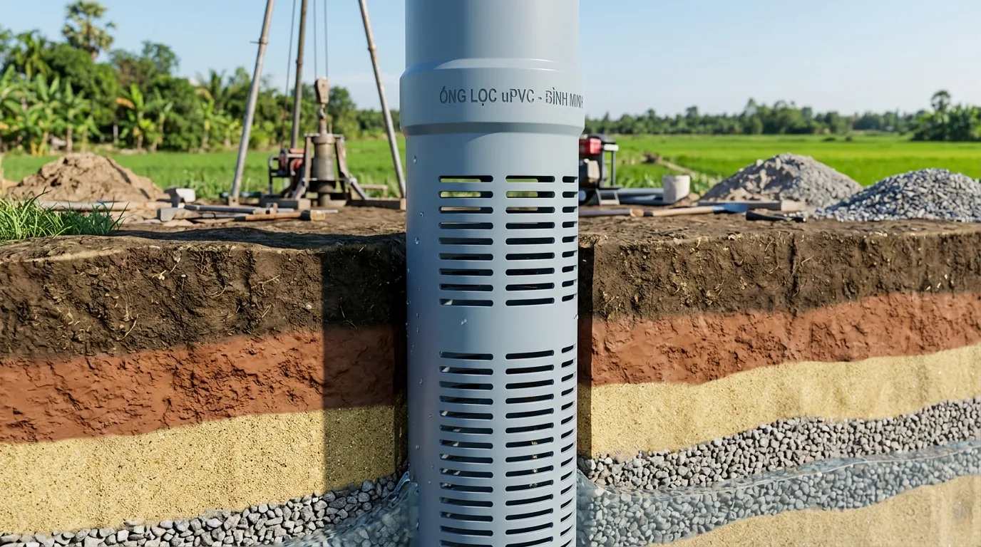 Ảnh minh hoạ: Ống lọc uPVC dùng trong hệ thống giếng khoan