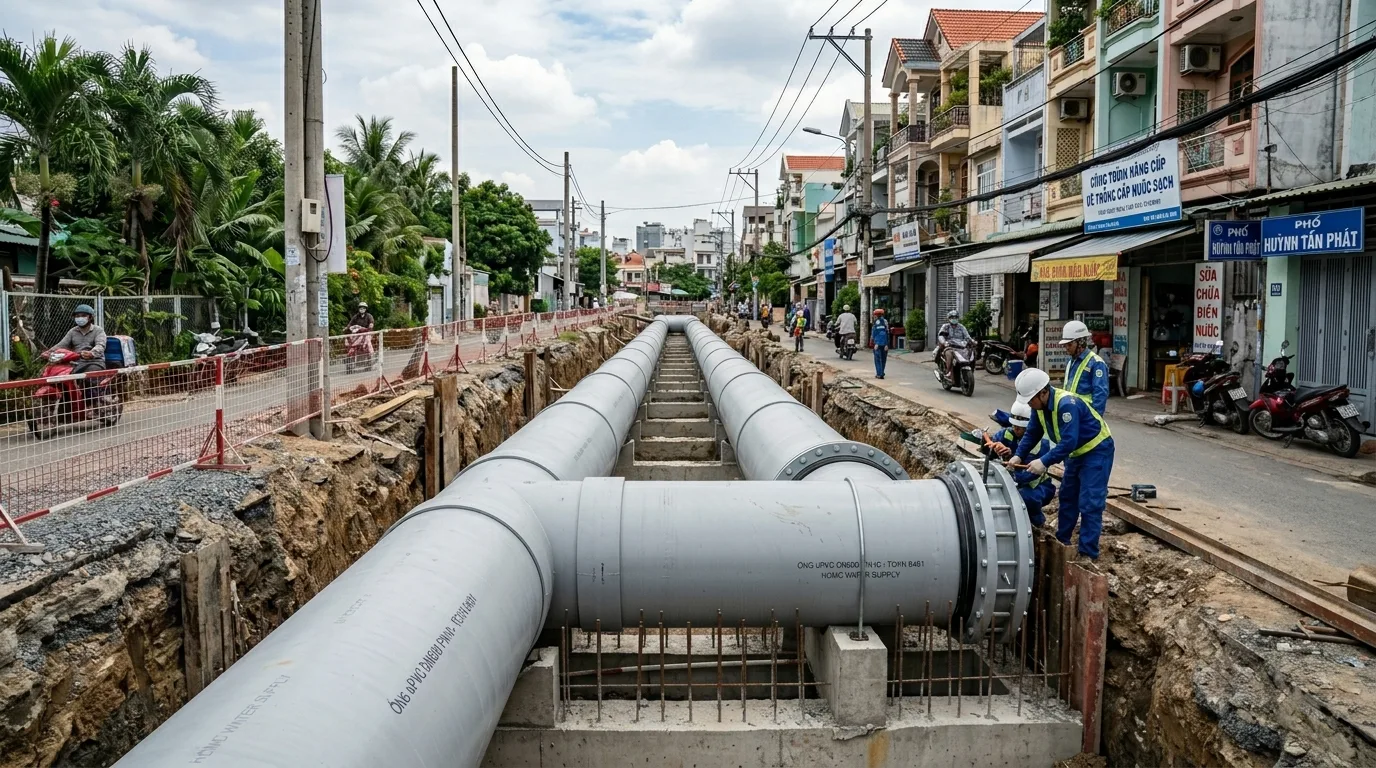 Ảnh minh hoạ: Ống nhựa uPVC đường kính lớn trong hệ thống cấp nước