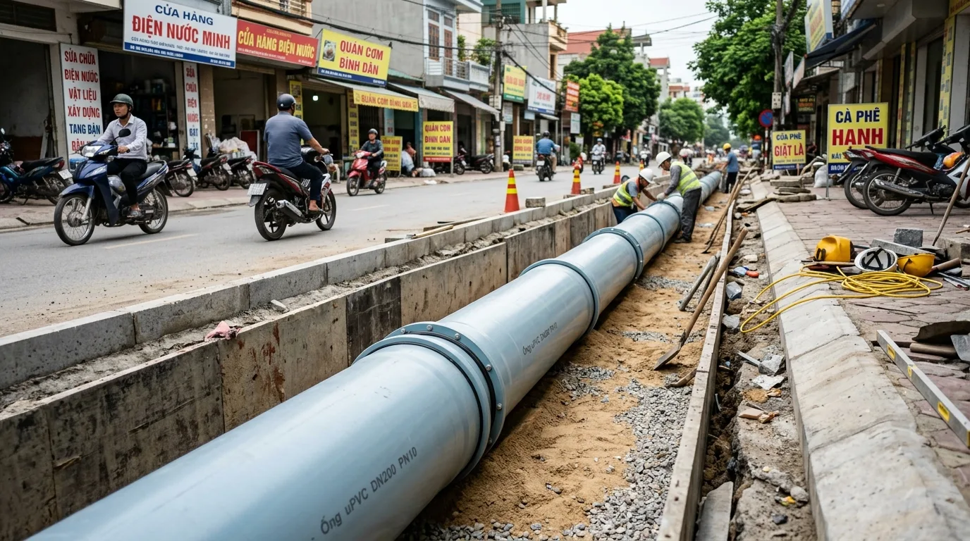 Ảnh minh hoạ: Ống nhựa uPVC phi 200 sử dụng trong hệ thống cấp nước đô thị