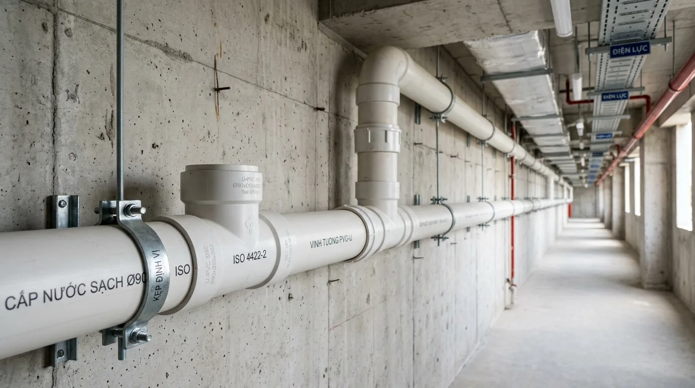 Ảnh minh hoạ: Ống nhựa uPVC phi 90 sử dụng trong hệ thống cấp nước công trình