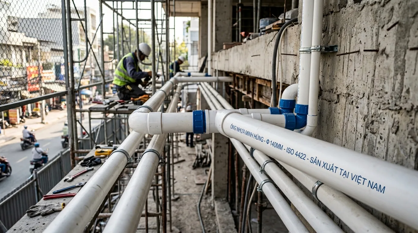 Ảnh minh hoạ: Ống nhựa uPVC φ140 Minh Hùng sử dụng trong hệ thống cấp nước công trình