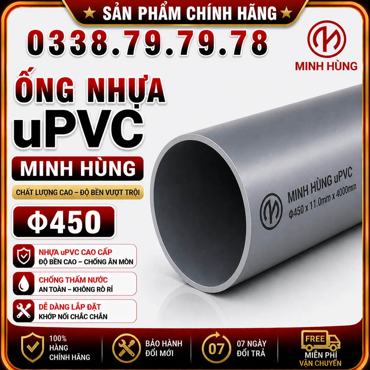 Ống nhựa uPVC φ450 Minh Hùng dùng cho hệ thống cấp nước lớn