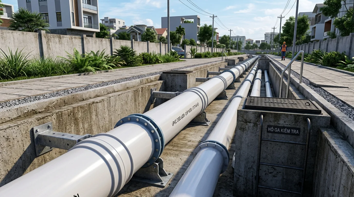 Ảnh minh hoạ: Ống uPVC CIOD φ200 trong hệ thống đường ống cấp nước