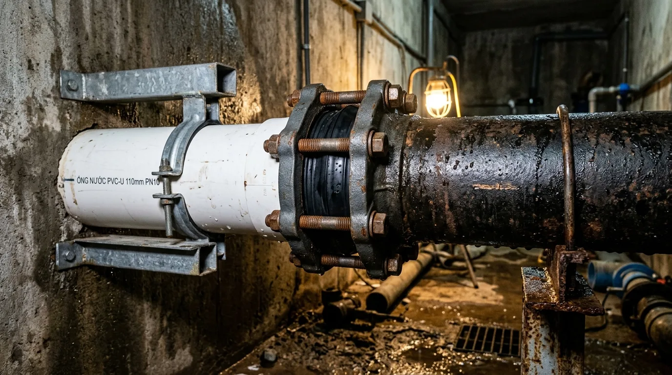 Ảnh minh hoạ: Ống uPVC nối với ống gang φ100 trong hệ thống cấp nước