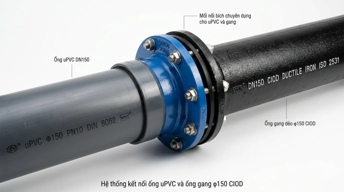 Ống uPVC nối với ống gang φ150 CIOD cho hệ thống ống