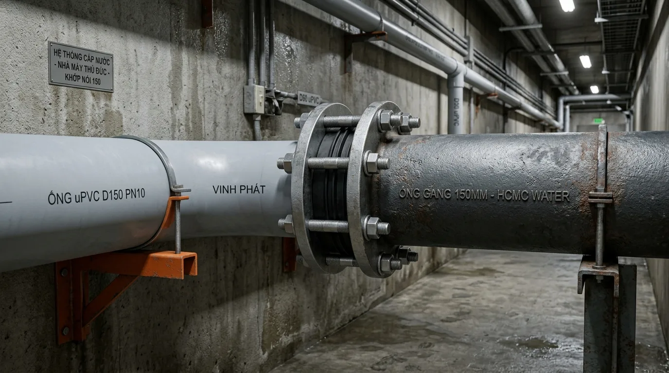 Ảnh minh hoạ: Ống uPVC nối với ống gang φ150 trong hệ thống cấp nước