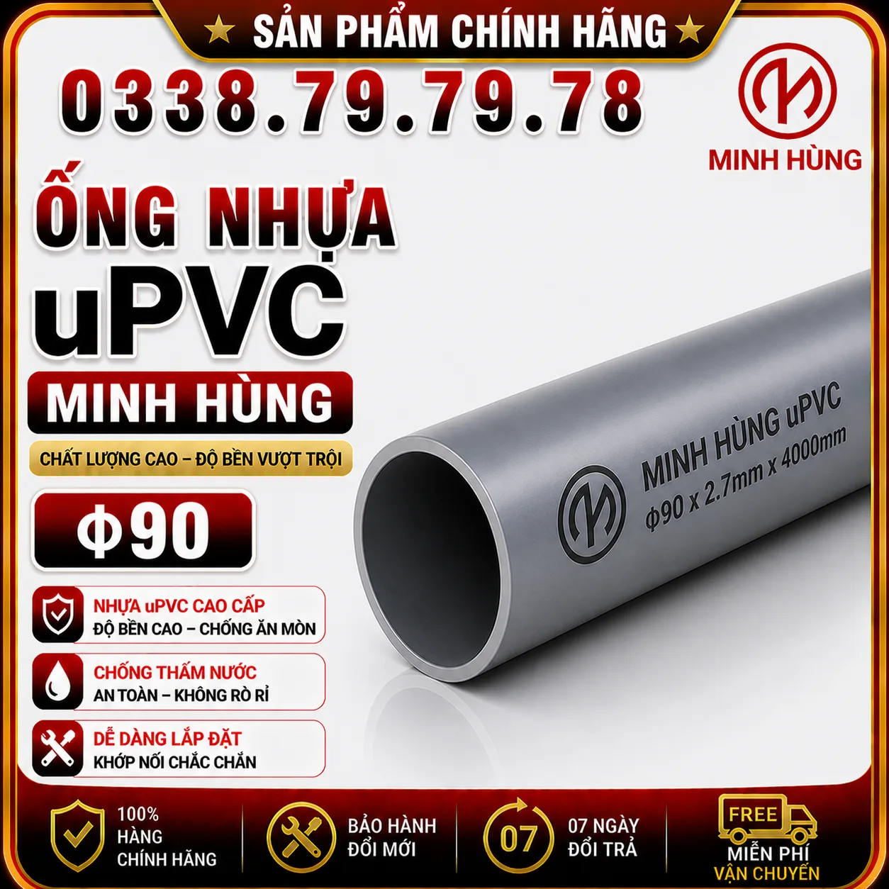 Ống uPVC phi 90 Minh Hùng – Ống PVC 90mm cho cấp nước