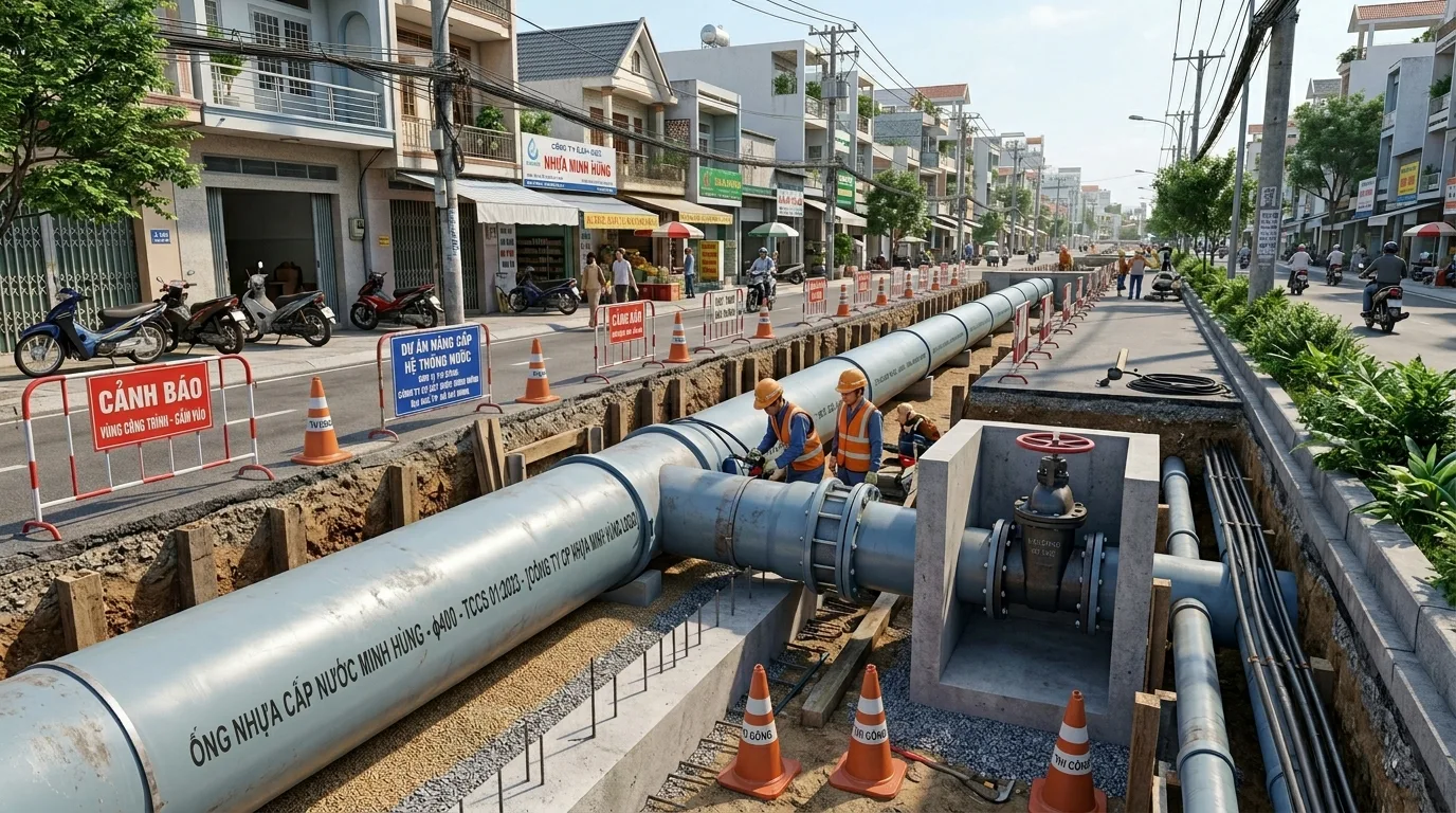 Ảnh minh hoạ: Ống uPVC φ400 sử dụng trong hệ thống cấp nước đô thị