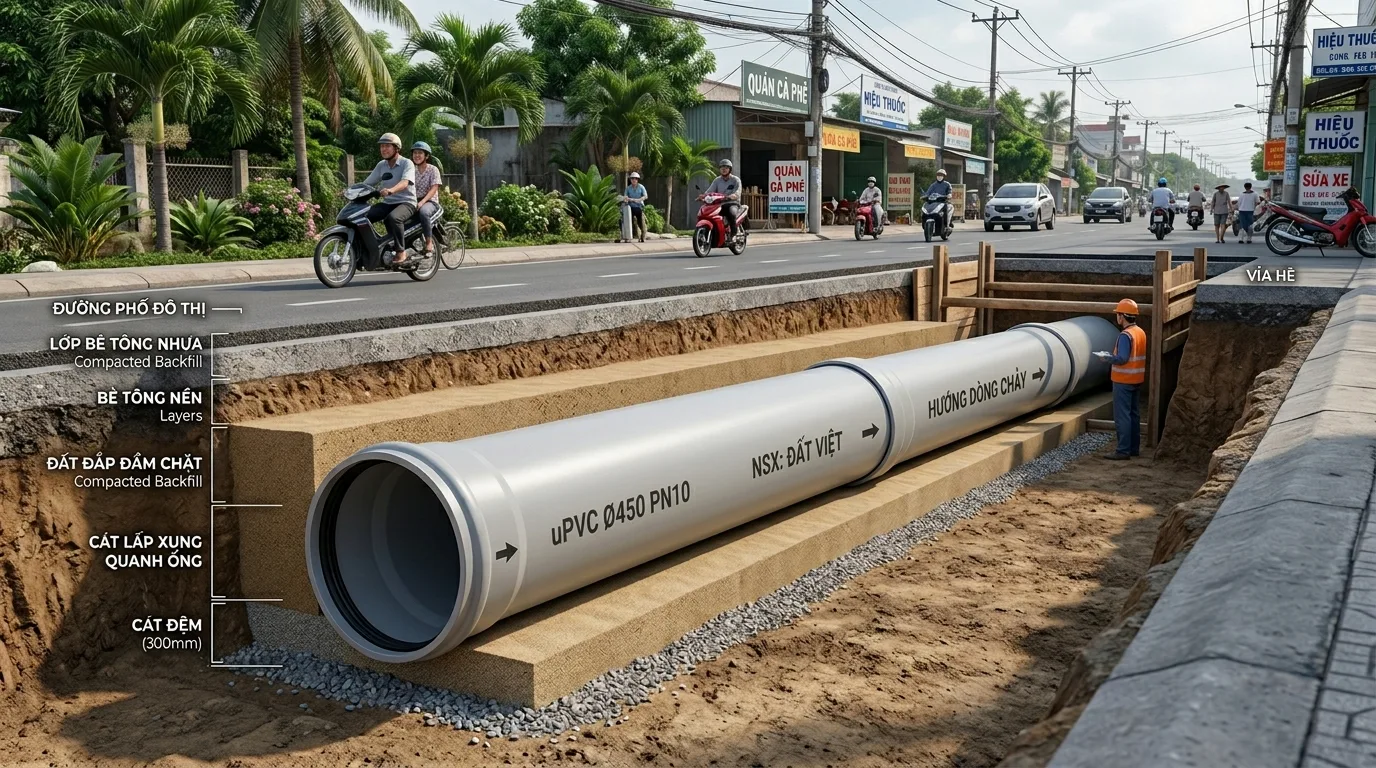 Ảnh minh hoạ: Ống uPVC φ450 trong hệ thống cấp nước hạ tầng