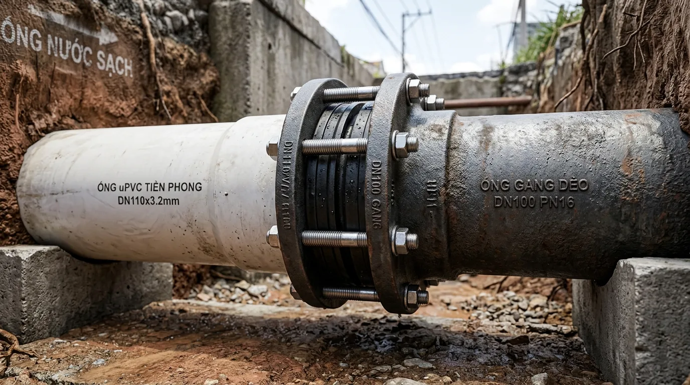 Ảnh minh hoạ: Phụ kiện nối uPVC với ống gang trong hệ thống cấp nước