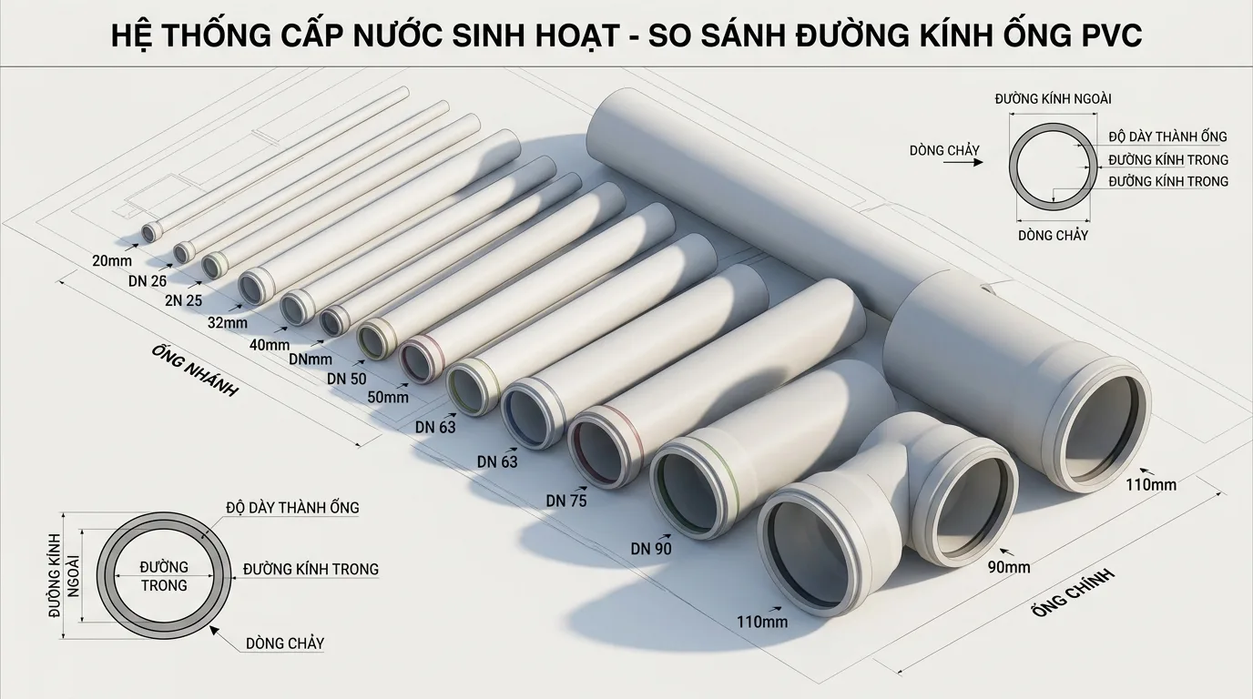 So sánh các kích thước ống nhựa PVC trong hệ thống cấp nước