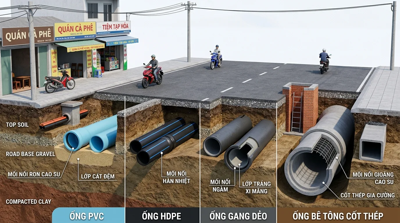 Ảnh minh hoạ: So sánh các loại ống cấp nước hạ tầng