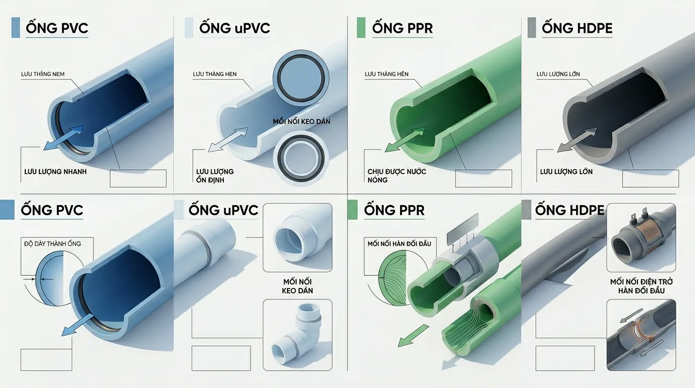 Ảnh minh hoạ: So sánh các loại ống nhựa dùng trong hệ thống cấp nước