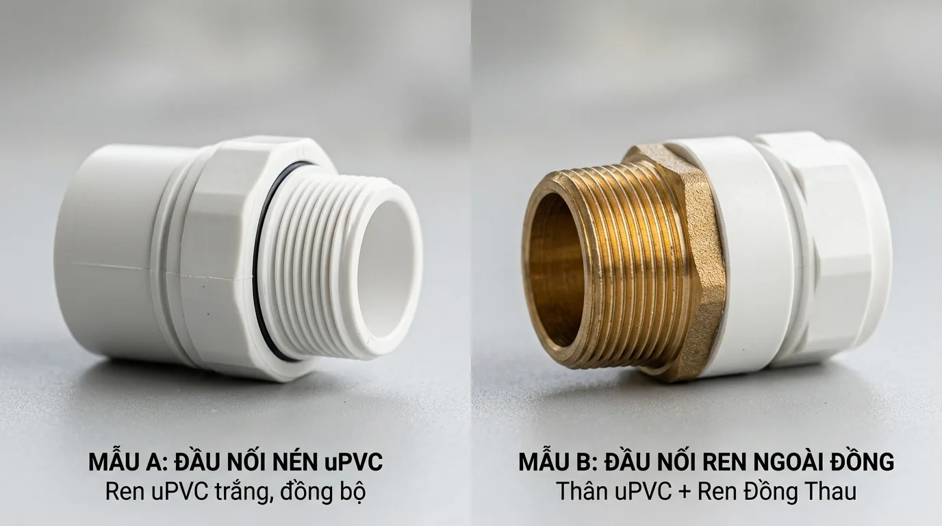 Ảnh minh hoạ: So sánh co nhựa thường và co răng ngoài thau uPVC