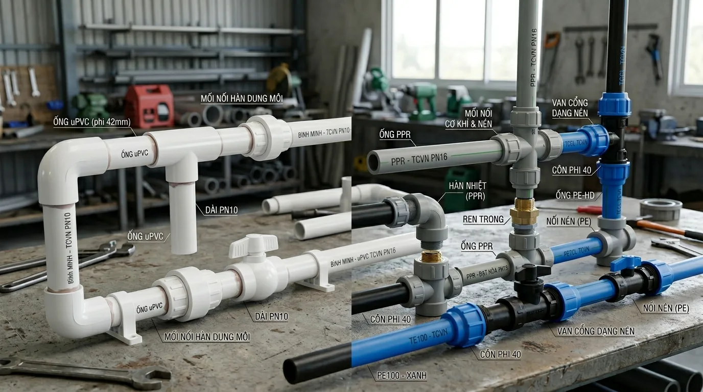 Ảnh minh hoạ: So sánh nối uPVC và các phụ kiện nối ống nhựa