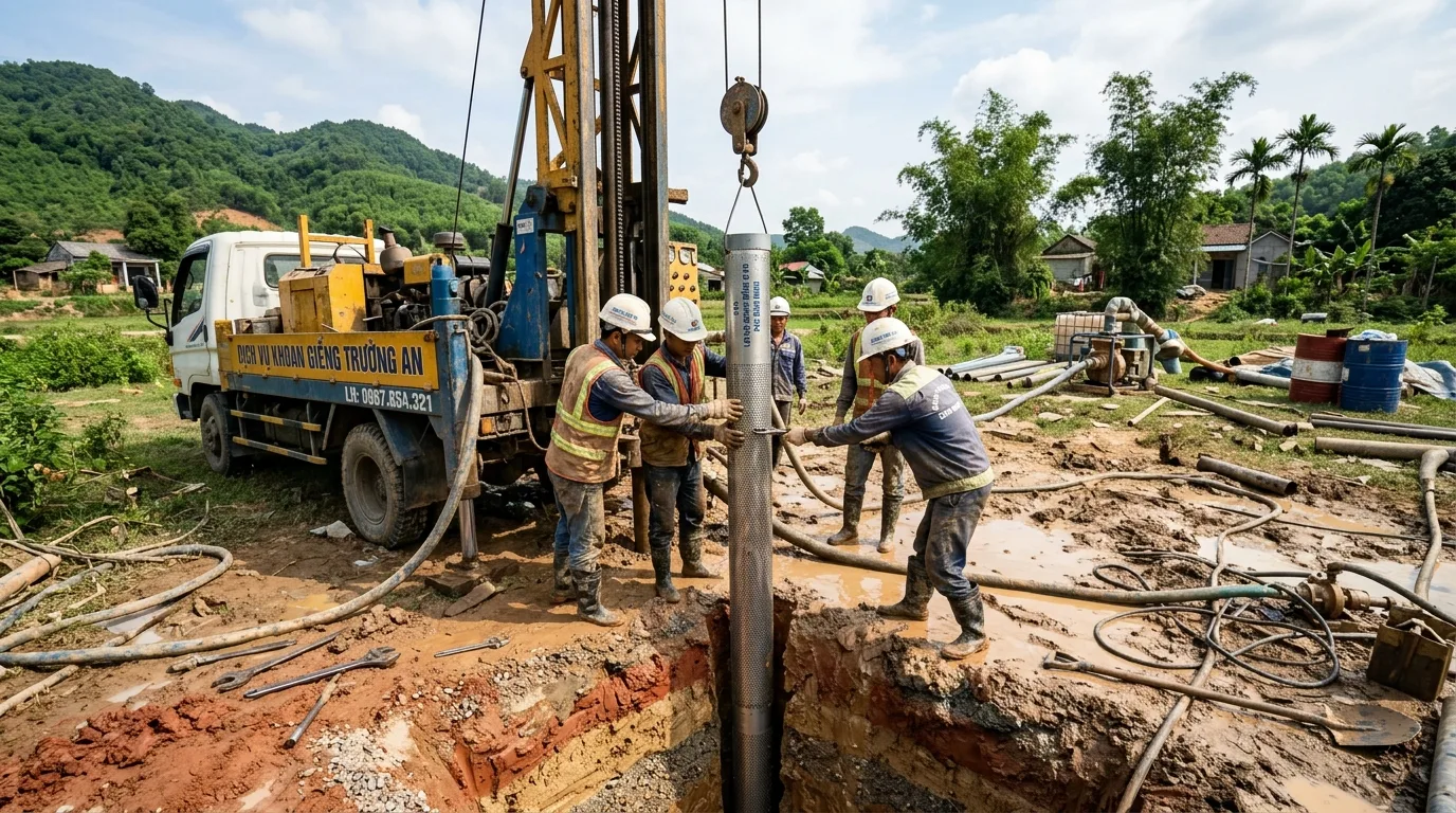 Ảnh minh hoạ: Thi công lắp đặt ống lọc giếng khoan