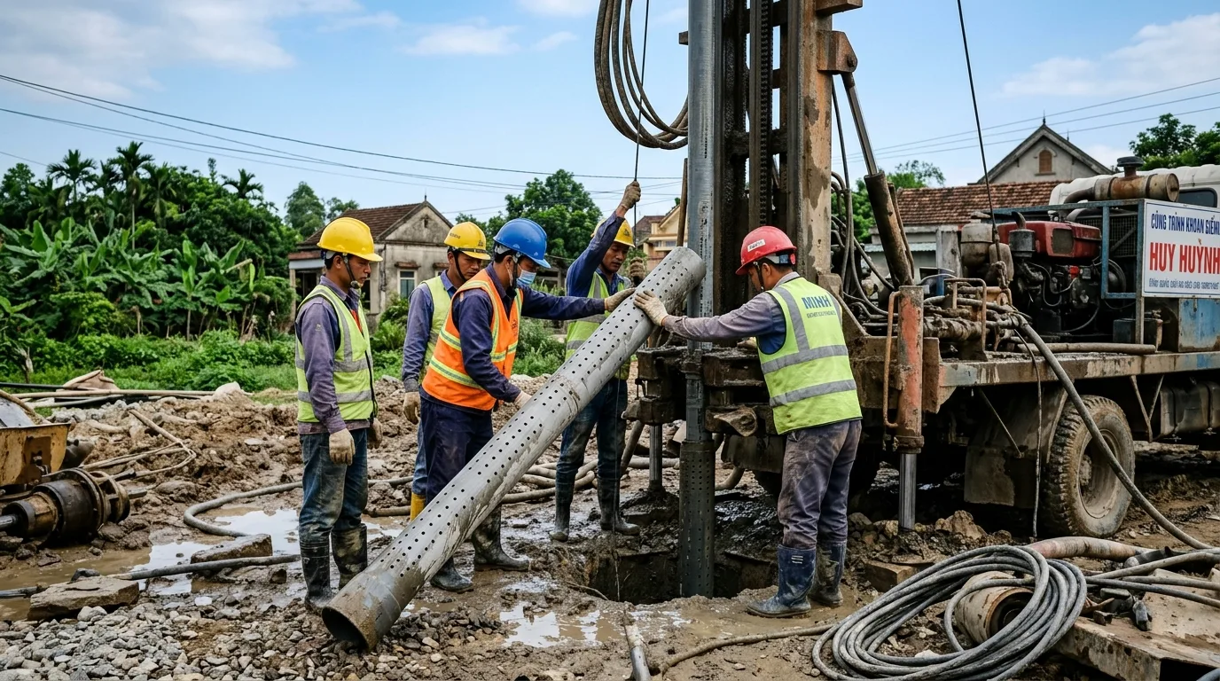 Ảnh minh hoạ: Thi công lắp đặt ống lọc giếng khoan