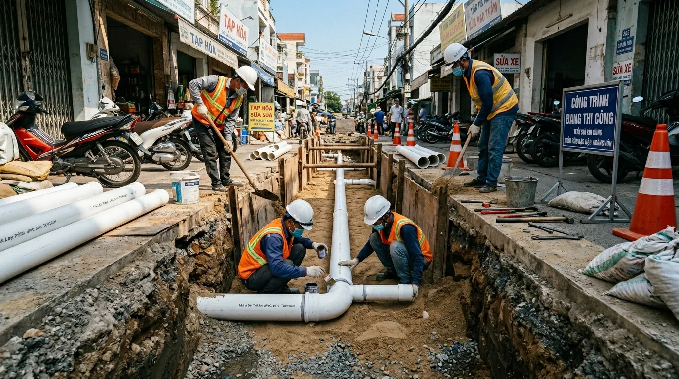 Ảnh minh hoạ: Thi công lắp đặt ống uPVC φ110 cho hệ thống thoát nước