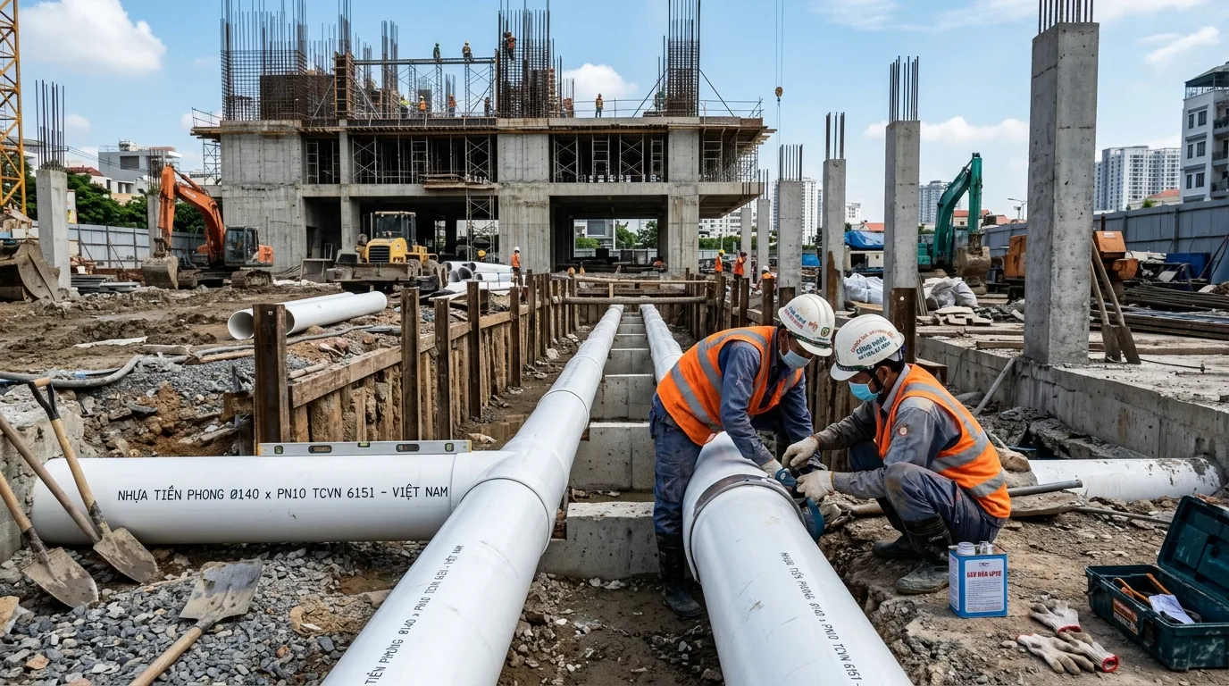 Ảnh minh hoạ: Thi công lắp đặt ống uPVC φ140 trong công trình