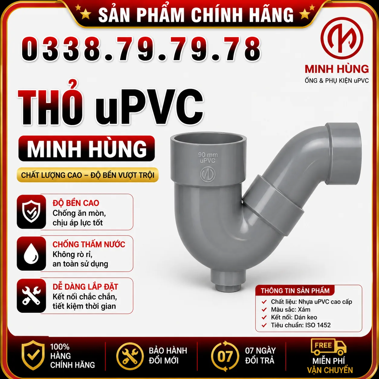 Thỏ uPVC Minh Hùng chính hãng bền chắc cho hệ ống