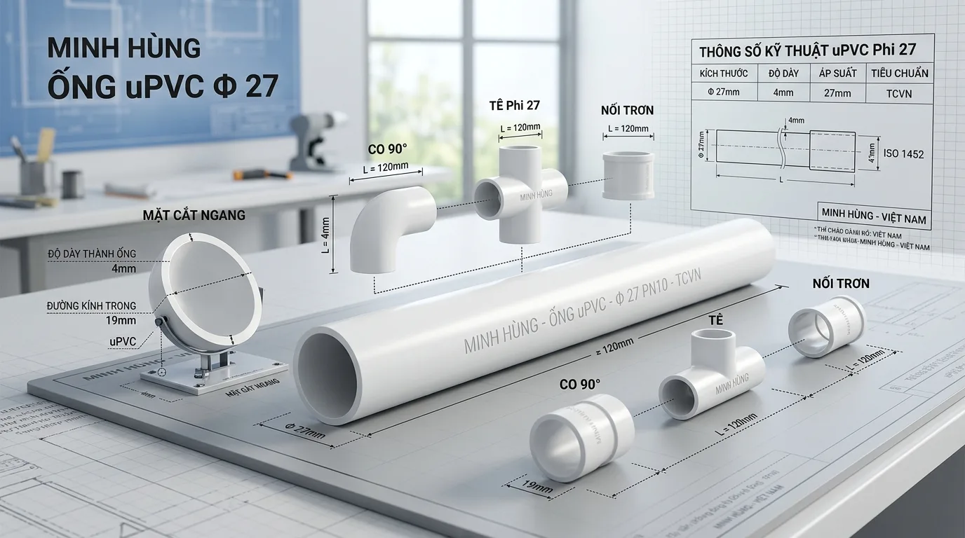 Ảnh minh hoạ: Thông số kỹ thuật ống nhựa uPVC phi 27 Minh Hùng