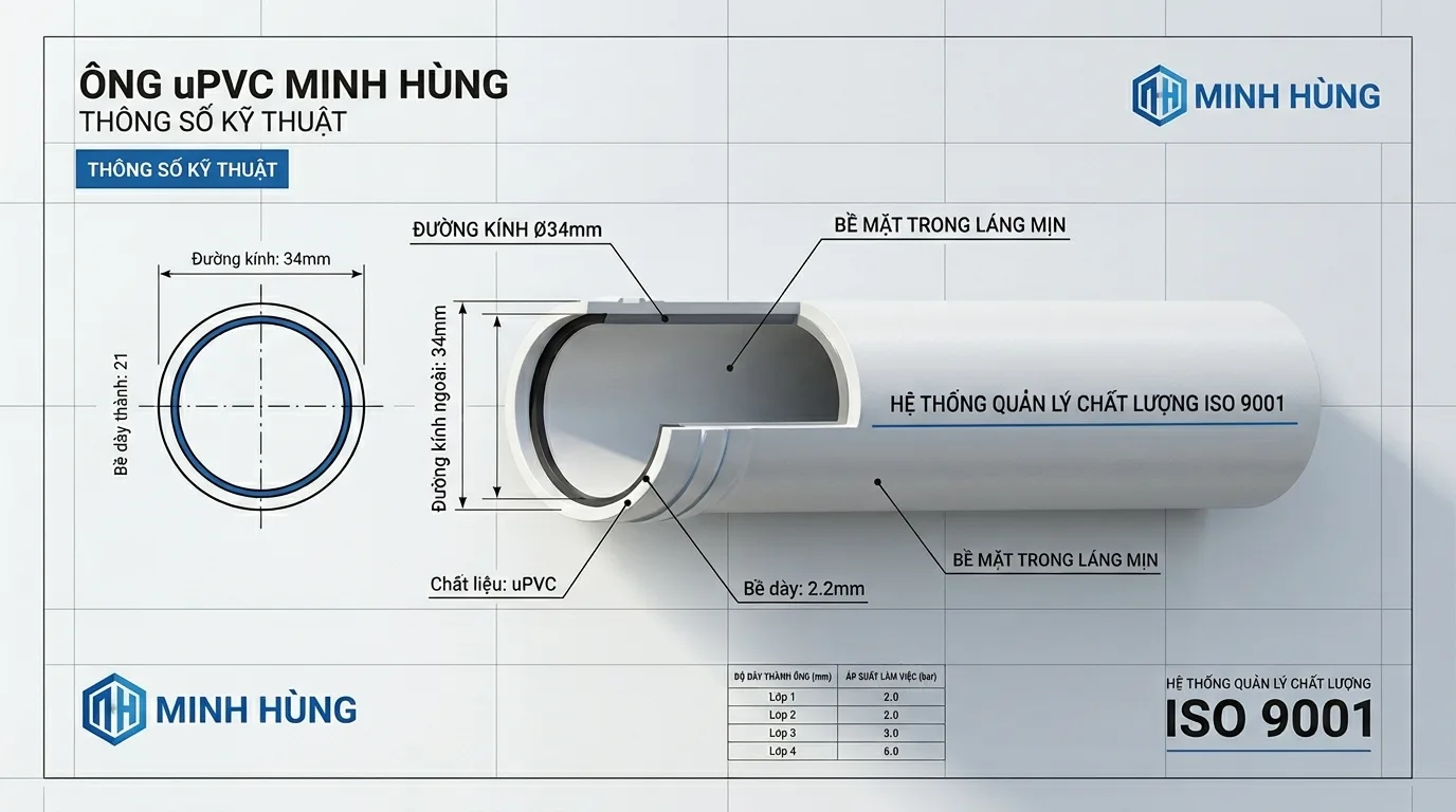 Ảnh minh hoạ: Thông số kỹ thuật ống nhựa uPVC phi 34 Minh Hùng