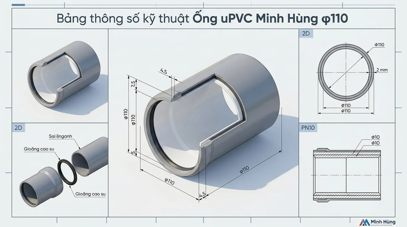 Ảnh minh hoạ: Thông số kỹ thuật ống nhựa uPVC φ110 Minh Hùng