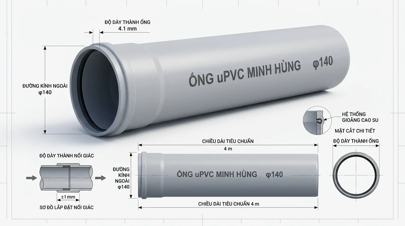 Ảnh minh hoạ: Thông số kỹ thuật ống nhựa uPVC φ140 Minh Hùng