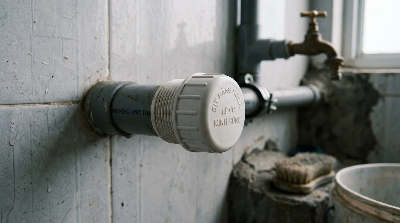 Ảnh minh hoạ: bít răng ngoài uPVC Minh Hùng lắp trên đầu ren của đường ống