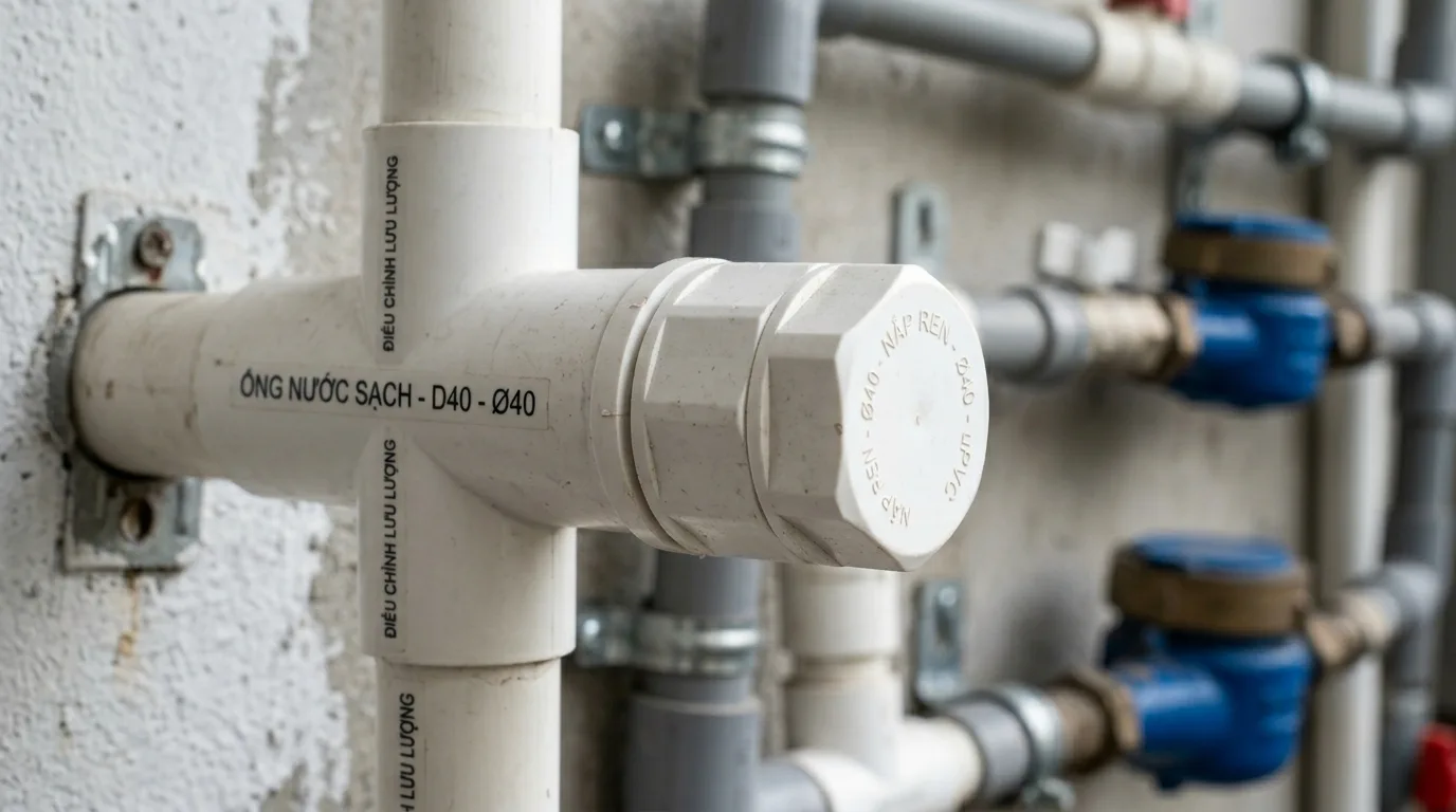 Ảnh minh hoạ: bít răng ngoài uPVC lắp tại điểm kết nối ren của đường ống