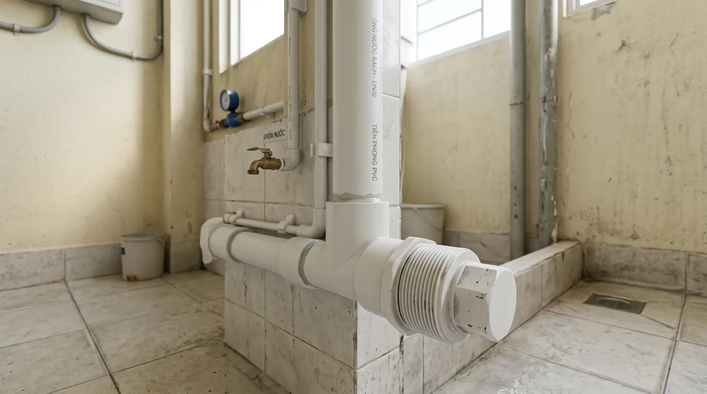 Ảnh minh hoạ: bít xả uPVC lắp tại điểm xả cặn của hệ thống cấp nước