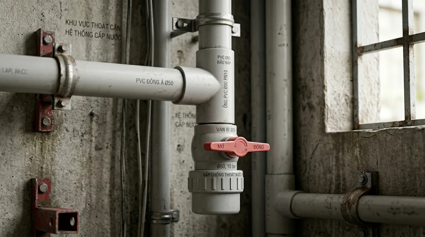 Ảnh minh hoạ: bít xả uPVC lắp tại điểm xả cặn của hệ thống đường ống