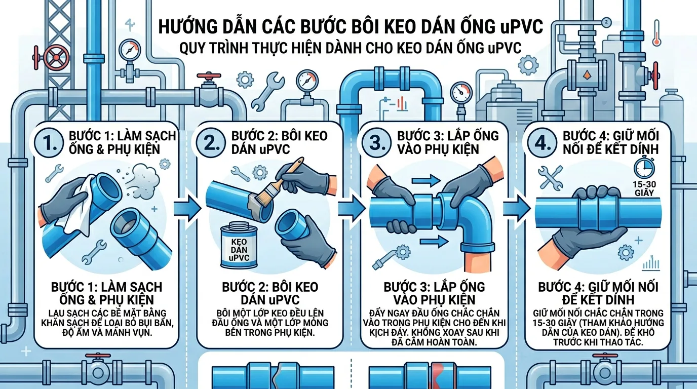 các bước dán keo uPVC trong hệ thống ống nhựa