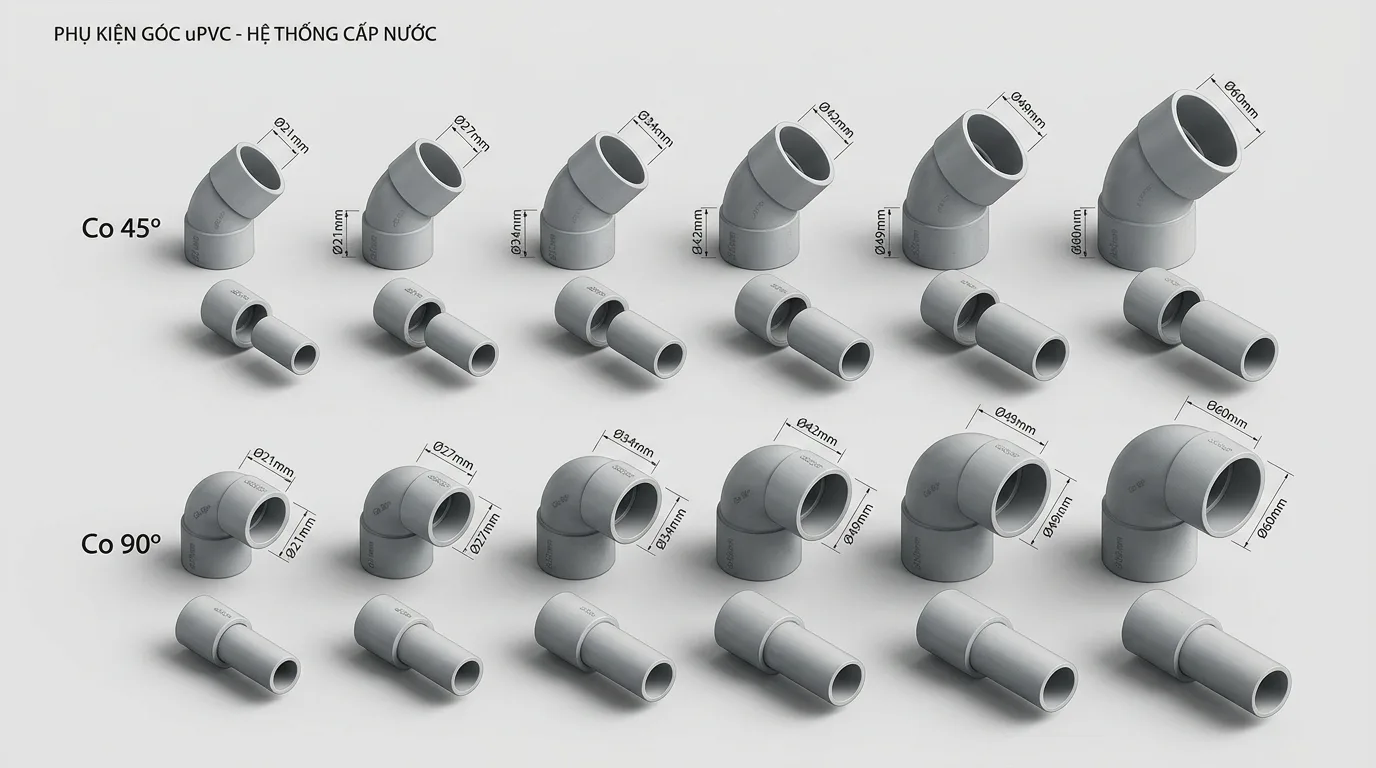 Ảnh minh hoạ: các kích thước tê cong uPVC dùng trong hệ thống cấp nước