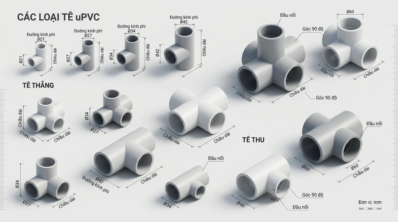 Ảnh minh hoạ: các kích thước tê uPVC dùng trong hệ thống cấp nước