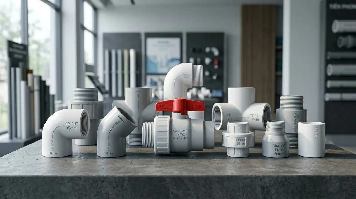 Ảnh minh hoạ: các loại co ống nhựa uPVC trong hệ thống cấp nước