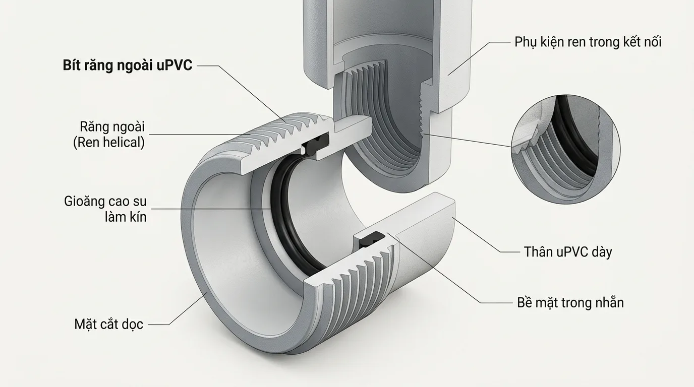 Ảnh minh hoạ: cấu tạo bít răng ngoài uPVC trong hệ thống đường ống