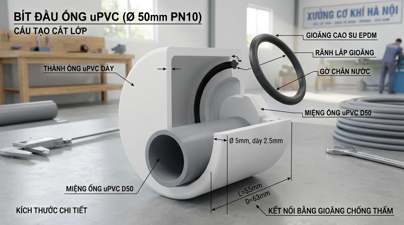 Ảnh minh hoạ: cấu tạo bít uPVC dùng trong hệ thống đường ống