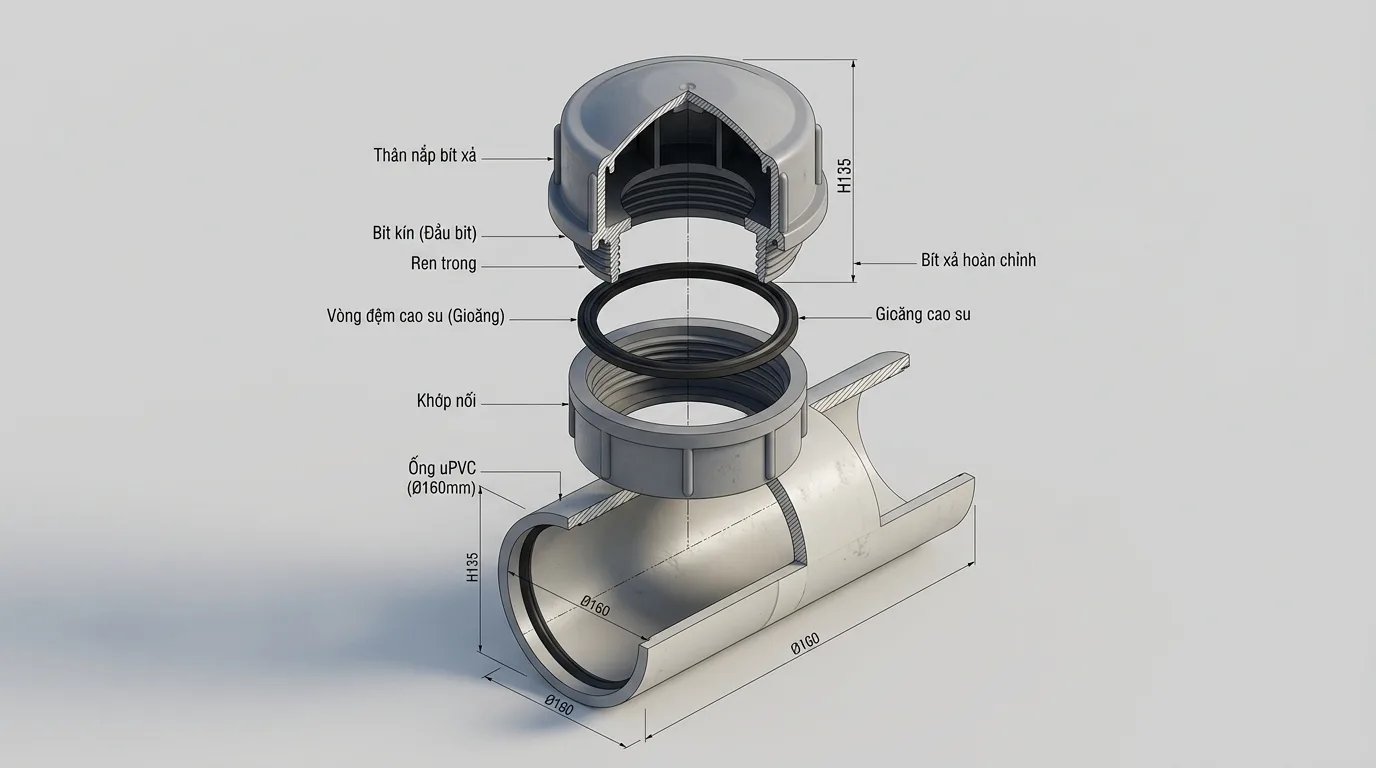 Ảnh minh hoạ: cấu tạo bít xả uPVC trong hệ thống đường ống