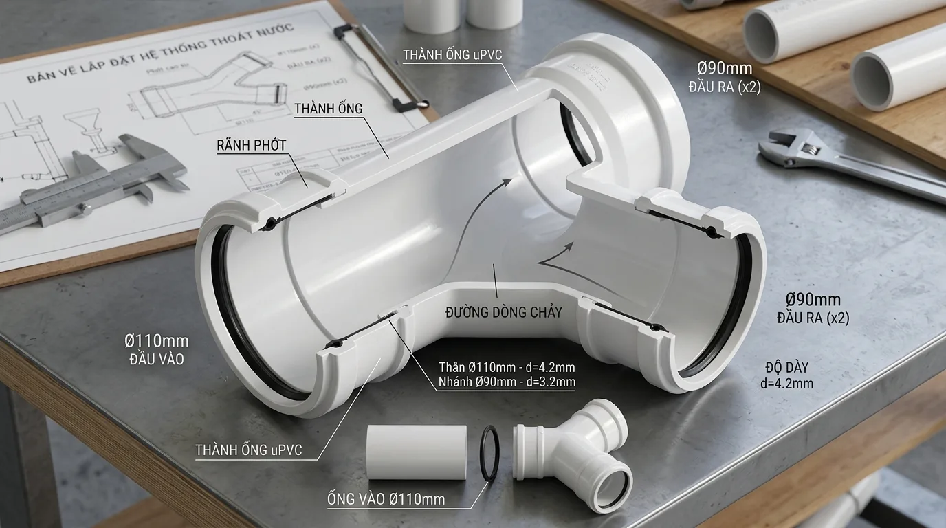 Ảnh minh hoạ: cấu tạo phụ kiện y giảm uPVC trong hệ thống đường ống