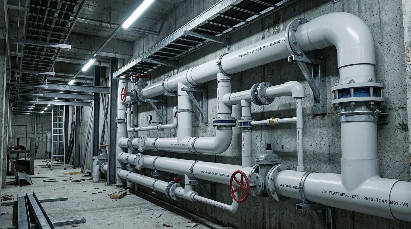 Ảnh minh hoạ: hệ thống đường ống uPVC DN355 trong công trình