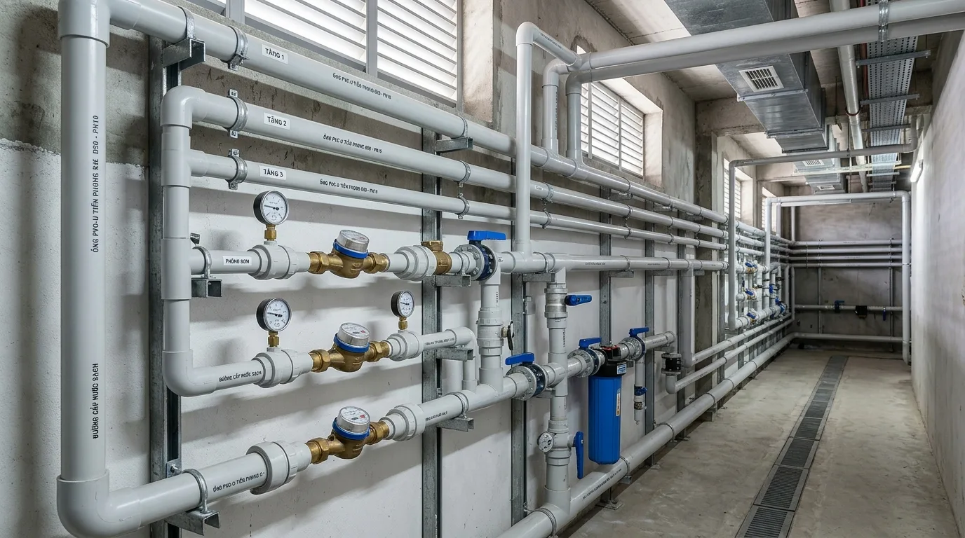 Ảnh minh hoạ: hệ thống đường ống uPVC trong công trình cấp nước