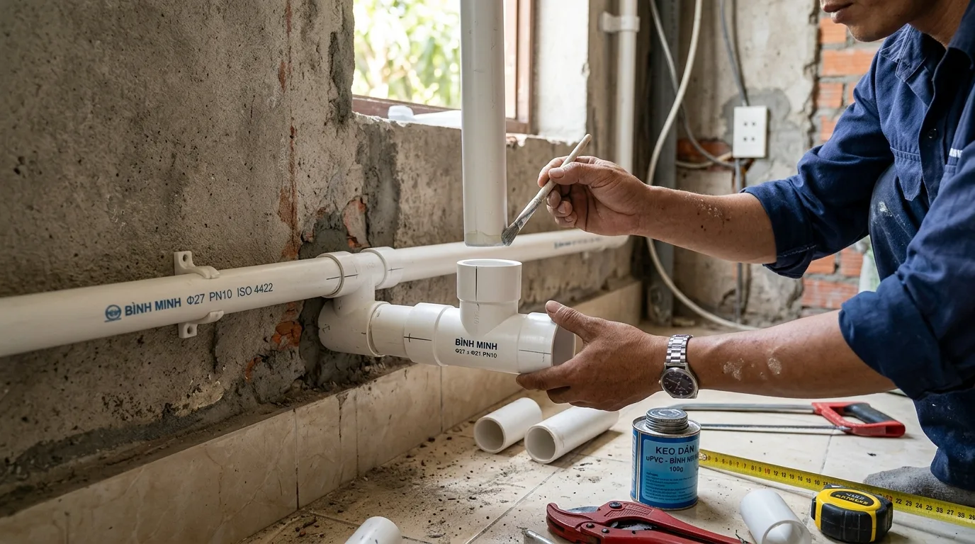 Ảnh minh hoạ: kỹ thuật lắp đặt tê uPVC trong hệ thống ống nước
