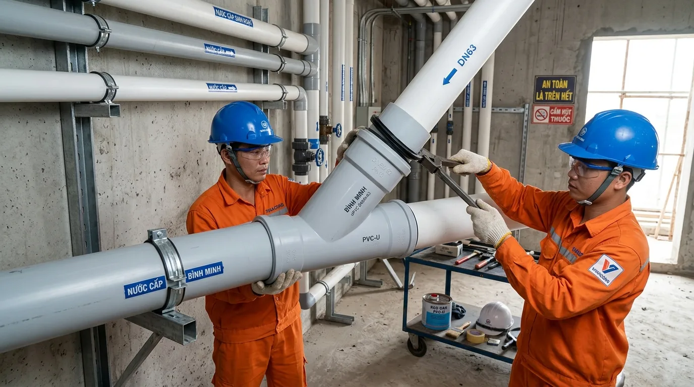 Ảnh minh hoạ: lắp đặt y giảm uPVC trong hệ thống cấp nước