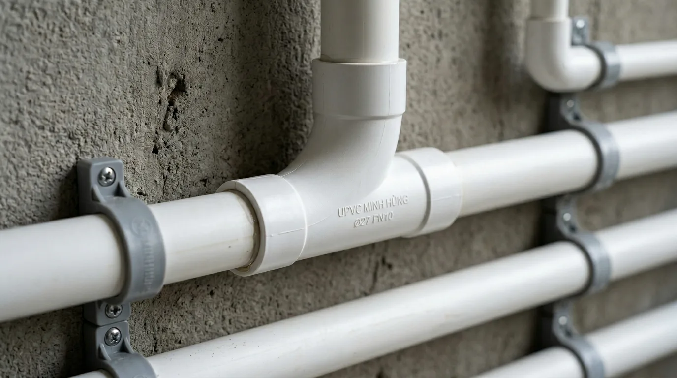 Ảnh minh hoạ: phụ kiện tê cong uPVC Minh Hùng dùng trong hệ thống cấp nước